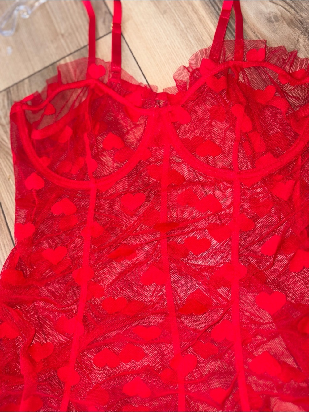 Heart Mesh Frill Trim Underwire Lingerie Mini Dress Red Large - Picture 5 of 9